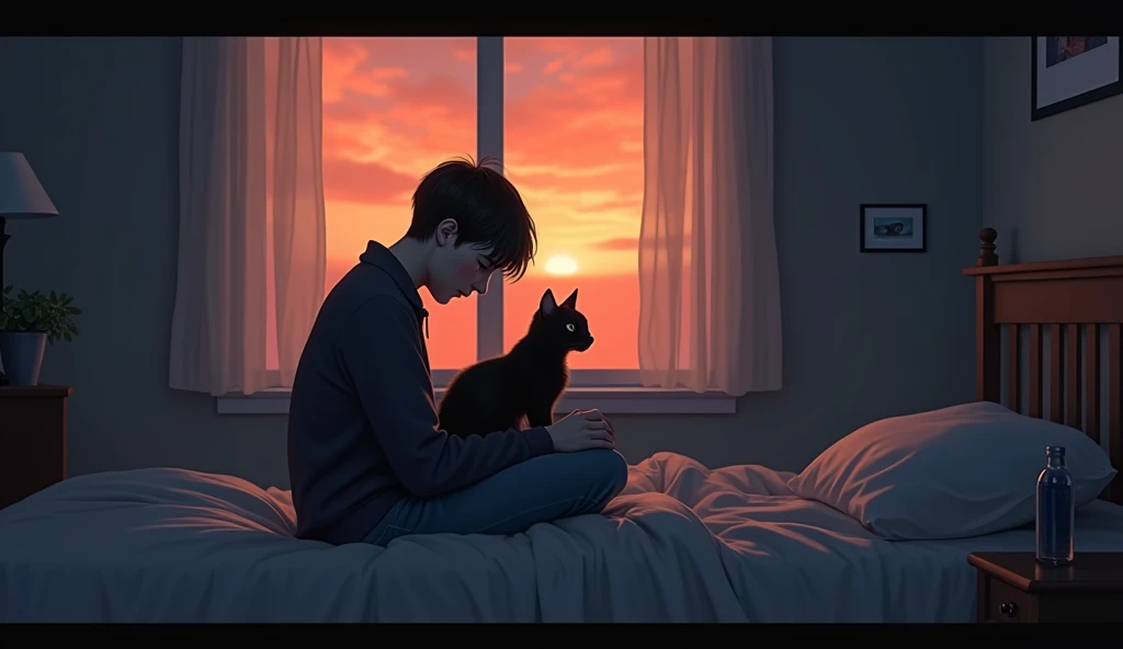 “Sam is sitting on his bed, looking sad and thoughtful. Shadow - SeaArt AI