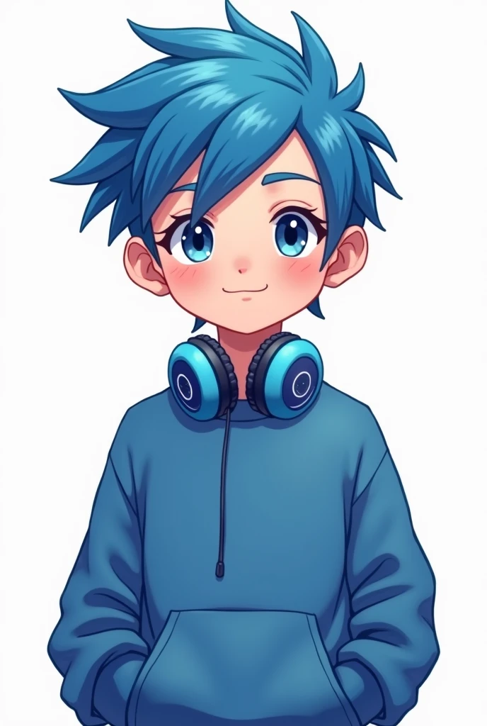 a boy with a blue lock of hair and a blue headset around his neck wearing a blue sweatshirt