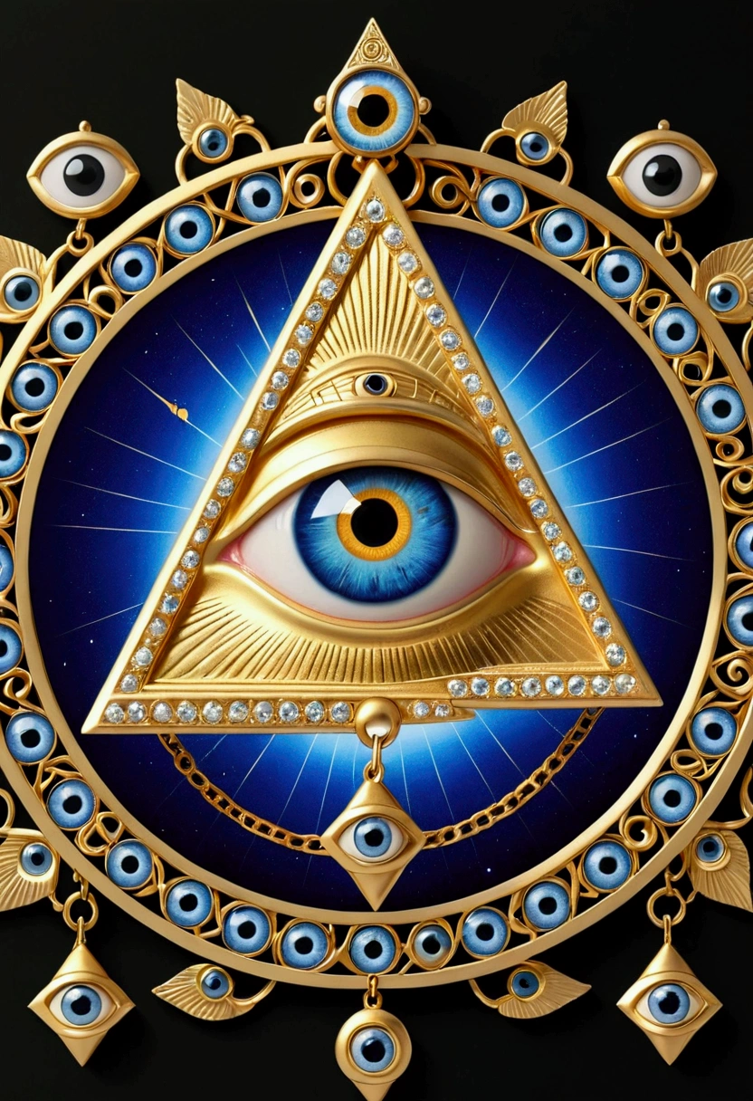 earring design：A picture of gold and blue eyes, All-Seeing Eye, the Eye of Providence, Eye of Providence, All-Seeing Eye, ( All-Seeing Eye ), Paul Lafley, Eye of the Illuminati, Masonic art, byCedric Seaut (Keos Masons), mystical The Third Eye睛, The Third Eye睛, The Third Eye, Mysterious Eye, Extremely detailed symbolism,Gold chain