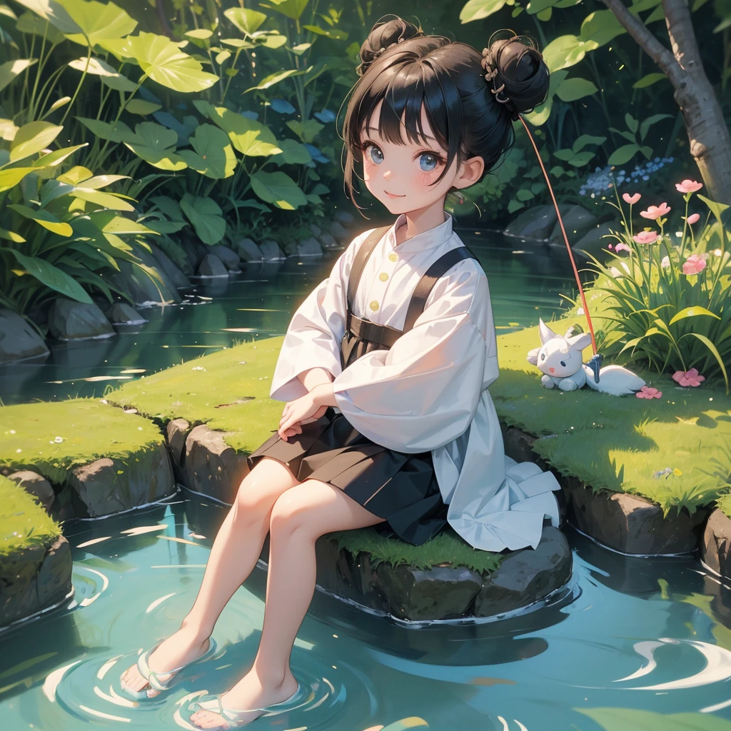 A chibi child girl had a small face and wearing a little tourist priest’s outfit, a pair of big round eyes shone with curiosity about him. This child was so cute, her hair is black with buns on her hair. Small chibi , chibi baby, smiling , chibi. 

Sitting fishing next to a green stream, a blue river full of fish. flowing slowly