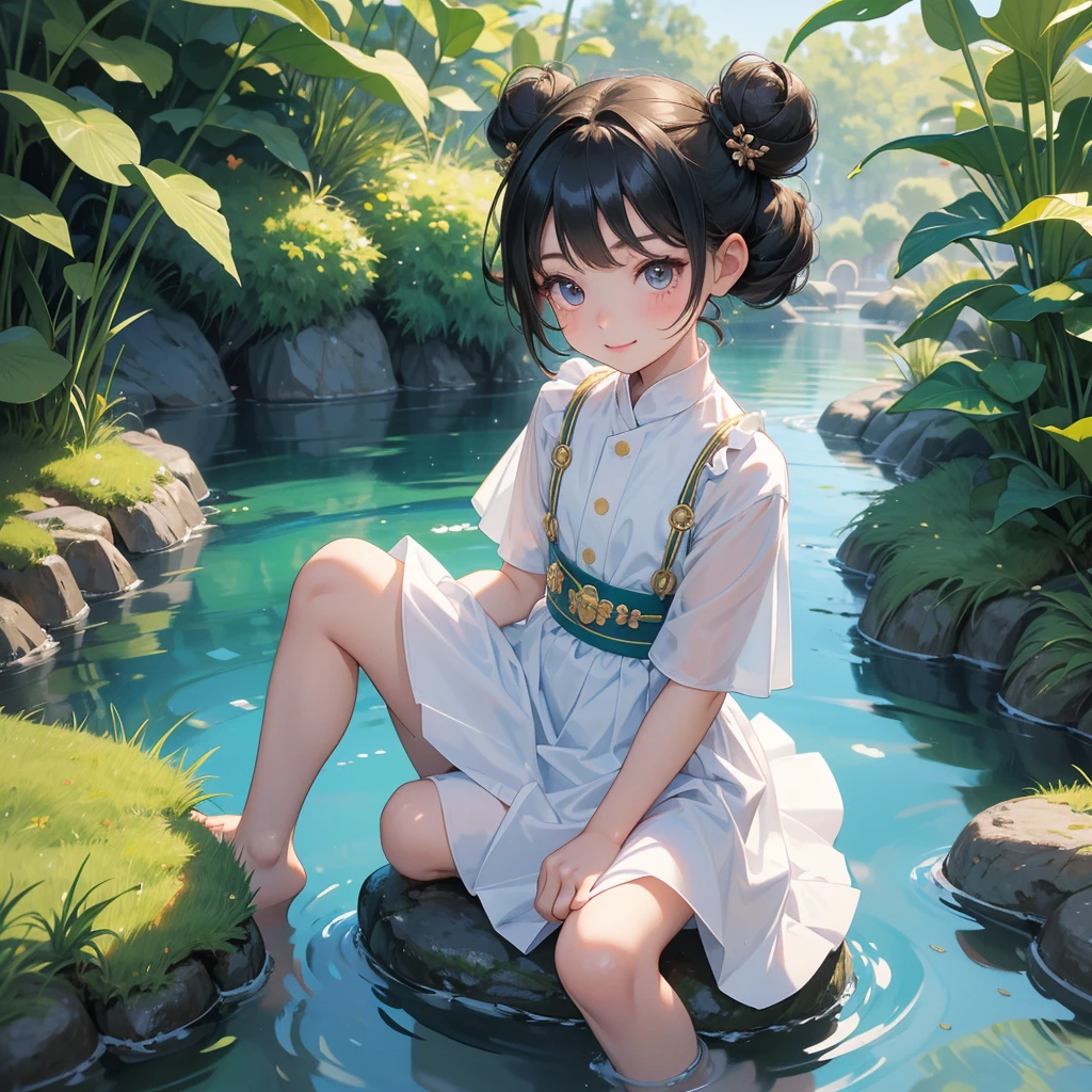 A chibi child girl had a small face and wearing a little tourist priest’s outfit, a pair of big round eyes shone with curiosity about him. This child was so cute, her hair is black with buns on her hair. Small chibi , chibi baby, smiling , chibi. 

Sitting fishing next to a green stream, a blue river full of fish. flowing slowly