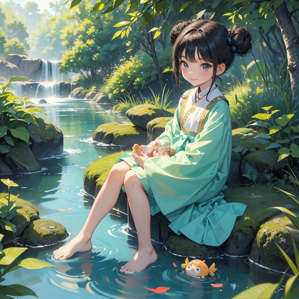 A chibi girl had a small face and wearing a little tourist priest’s outfit, a pair of big round eyes shone with curiosity about him. This childso cute, her hair is black with buns on her hair. Small chibi , chibi baby, smil, chibi.
Sitting fishing next to a green stream, a blue river full of fish. flowing slowly
