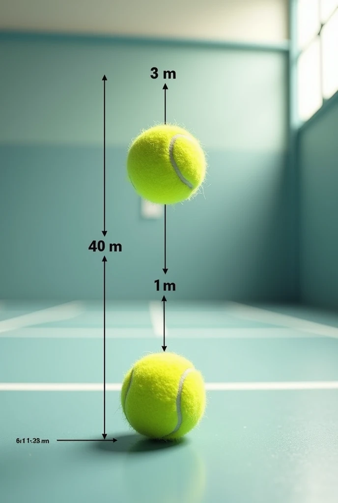 Sketch a distance-time graph of the following motion: A tennis ball is dropped from a height of 3m and bounce back to a height of Im after hitting the ground.
