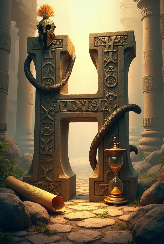 **Prompt :** Crée une illustration centrée sur la lettre "H" avec un design qui reflète l'univers des mythes et de l'histoire. La lettre "H" est sculptée en pierre ancienne, ornée de gravures et de runes mystiques. Autour de la lettre, des éléments symboliques flottent : un casque de guerrier antique, un parchemin enroulé, un serpent mythologique s'enroulant autour de la lettre, et un sablier doré. L'arrière-plan est une scène brumeuse où l'on distingue des silhouettes de temples antiques et de ruines légendaires, baignées dans une lumière dorée et mystérieuse. L'ensemble doit évoquer un sentiment de mystère, de légende, et d'histoire millénaire.
