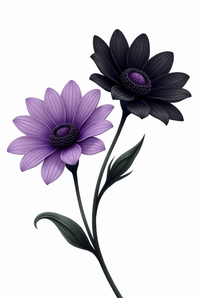 Draw a simple 2 flowers one purple and other one is black background colour is white