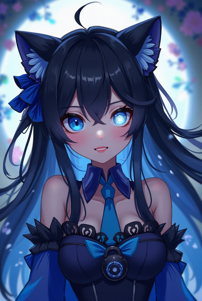 Gacha life , She has black hair, she has one white eye and one blue eye,blue and black accessories