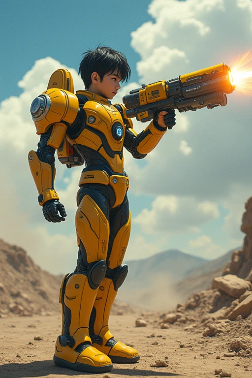One-arm prosthetic, Mecha, Young man, Battlefield, Beam from prosthetic arm, Rockman-style yellow suit