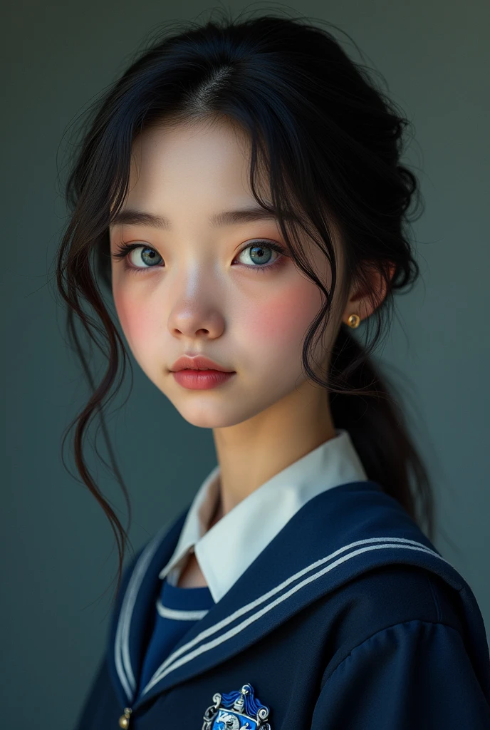 elle a le teint rose, un visage en forme de diamant, un nez en trompette, des yeux en amande bleu-gris, des longs cheveux noirs à moitié attachés, des lèvres pulpeuses et elle porte un uniforme de serdaigle, elle est caucasienne, elle n'est pas asiatique

photoréalisme
