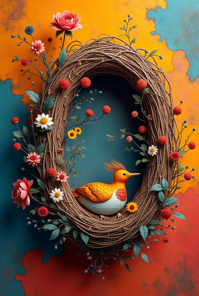 Hand crafted lippan art and nest combination in a colourful background