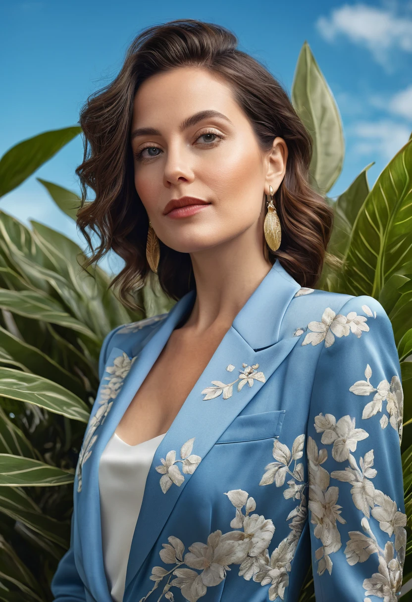 elegant and beautiful 30 year old woman in ultra realistic and chic portrait, background decorated with plants and blue sky