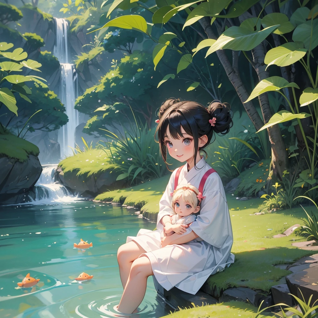 A chibi child girl had a small face and wearing a little tourist priest’s outfit, a pair of big round eyes shone with curiosity about him. This child was so cute, her hair is black with buns on her hair. Small chibi , chibi baby, smiling , chibi.
Sitting fishing next to a green stream, a blue river full of fish. flowing slowly