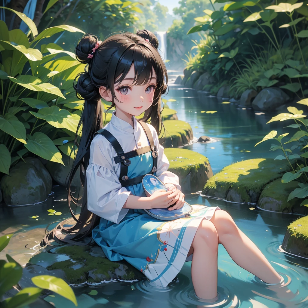 A cute baby chibi anime girl , blue and white hanfu, is planting vegetables in a garden, surrounded by various vegetables. Behind the scene are mountains, a river flows by. The sunlight hits her face. Sunset. A bucket of water is placed beside her.smiling.