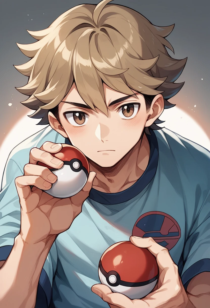 1 boy, 1 pokemon trainer, Wavy hair, com um bone pokemon, Skin color, Grinning, Holding a pokeball, gazing at viewer, chestnut hair, lightbrown eyes
