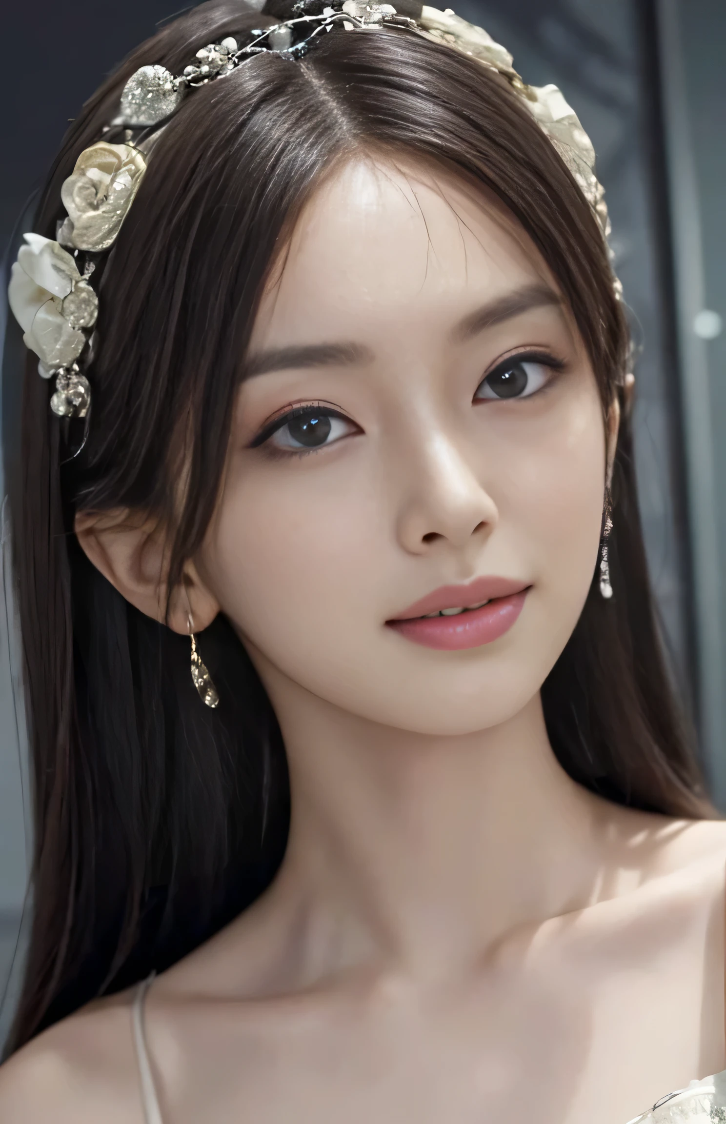 (surreal), (shape), (Improved resolution), (8k), (very detailed), (Best shape), (beautiful and detailed eyes), (highest quality), (Super detailed), (masterpiece ), ( wallpaper), (detailed face), 1 girl, , white dress, Large and loose chest, looking at the viewer, small details, detailed face, in the dark, deep shadow, private key, Pure erotic face ace_v1, smile, long hair, black straight hair , 46 point diagonal bangs