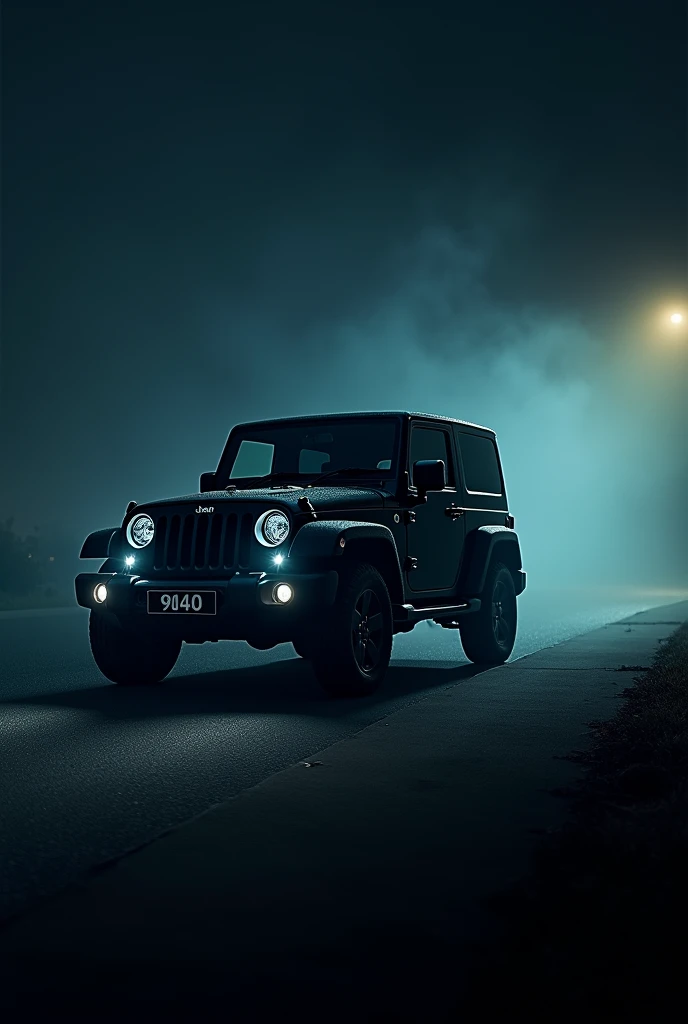 Black Mahindra THAR z black filming on road at night in fog, side photo, number 9 0 4 0