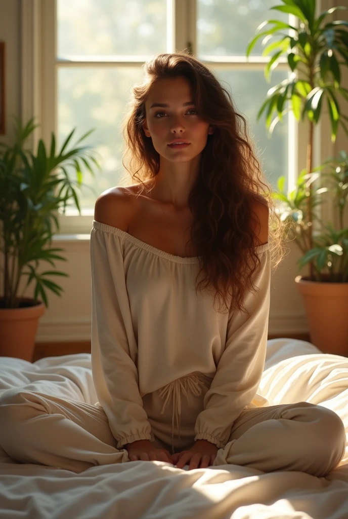 (photorealism:1.2), beautiful woman, sitting on bed, wearing loose off-shoulder top, pajama pants, long curly hair, indoors, soft lighting, plants in background, window with sunlight, cozy room, relaxed pose, realistic, intricate details, warm colors, by Greg Rutkowski, by Alphonse Mucha