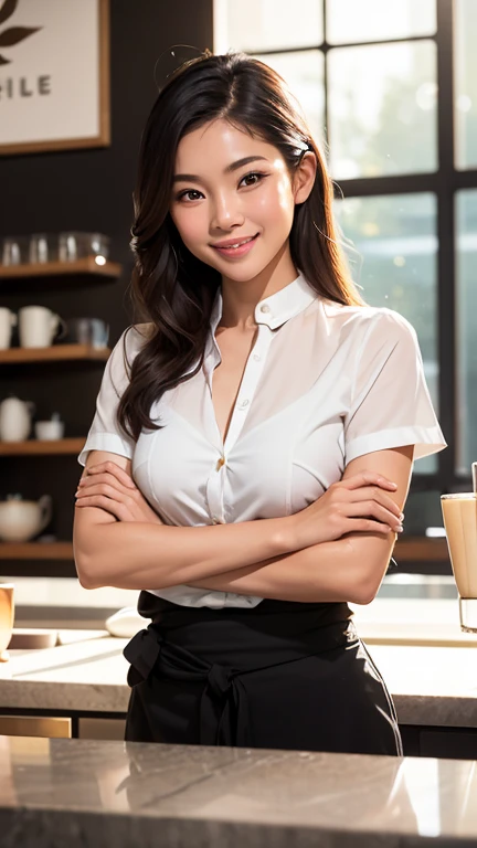 A realistic photorealistic portrait of a radiant Thai barista girl standing at the coffee shop counter, wearing white fitting shirt, energetically pouring a latte instead of crossing her arms. Her eyes sparkle with a vibrant reflection of the coffee she crafts, complemented by a captivating and flirtatious smile, low key light ,dim light background