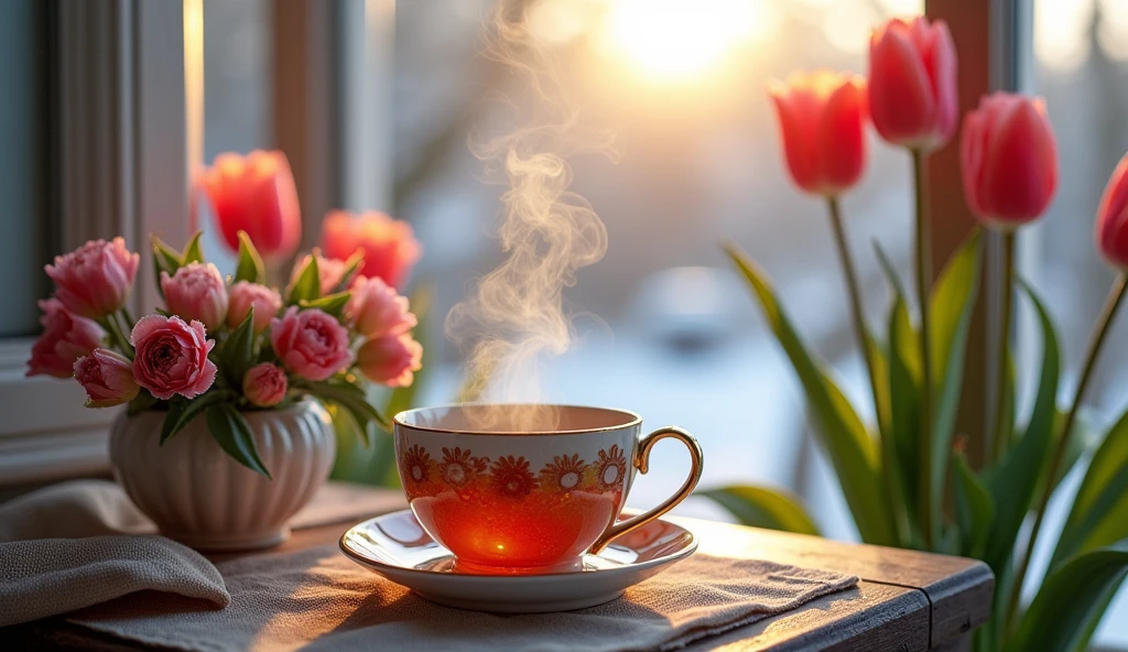Infuse your winter mornings with the beauty of tulips and the warmth of tea. Enjoy this picturesque setting on your veranda, where the cold outside is met with cozy elegance.
