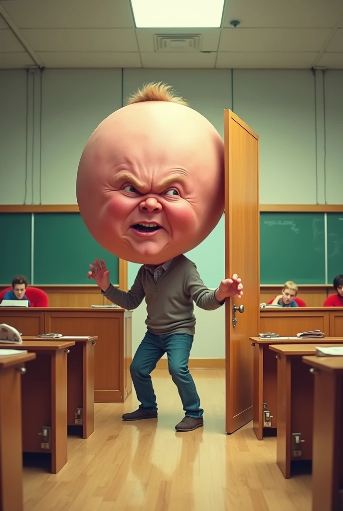 A person with a giant head is trying to enter through a door frame in big Lecture halls and getting stuck, looking panicked.