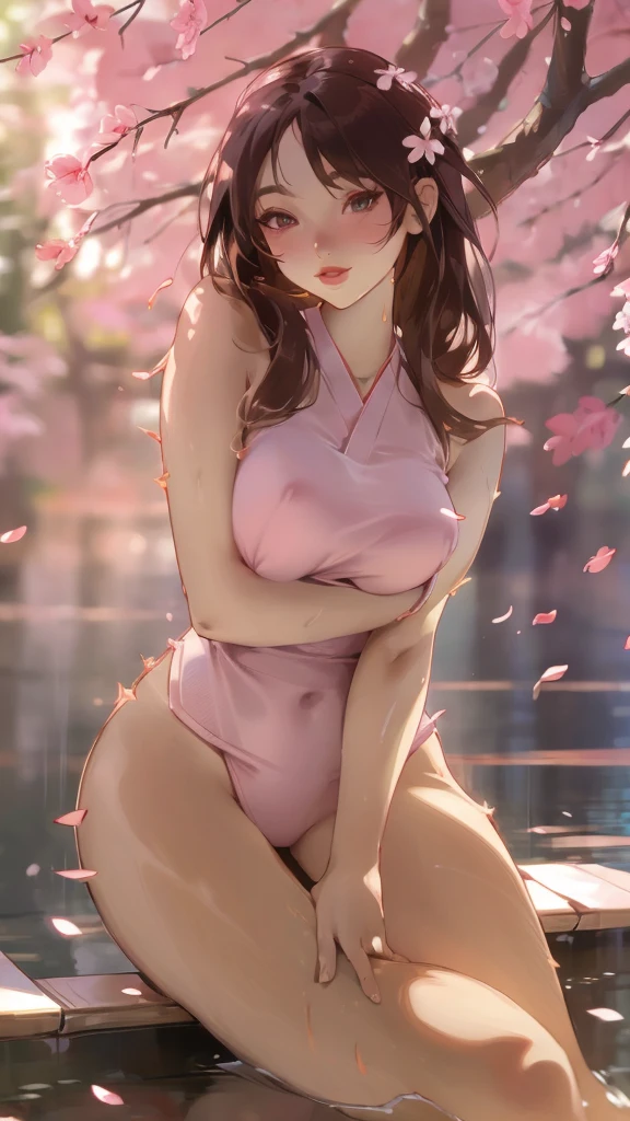 a beautiful nude woman, Japanese-style art, extremely detailed face and body, beautiful detailed eyes, beautiful detailed lips, perfect figure, smooth skin, long hair, sitting under a cherry blossom tree, sunlight filtering through the leaves, vibrant colors, romantic atmosphere, photorealistic, 8k, high resolution, masterpiece