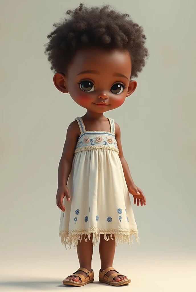 A short child, of cocoa chocolate colored skin, but already burned by the sun, small, somewhat straight face with a somewhat pointed, round chin, small nose, half thin and half upturned, white dress with fringe on the belly, and thin strap, white dress with small flowers and dark blue tones, wearing a light brown shoe, with rope embroidered sole, and golden buckle.