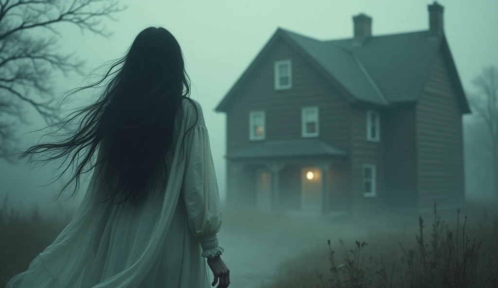 The same ghostly woman from behind, her hair flowing, her eerie presence approaching a house, as she imitates the voice of a man’s loved one.