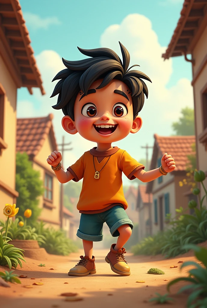 In cinematic 2d cartoon style"
**Introduction of Ravi**: Depict a young, clever, and cheerful boy named Ravi, who lives with his parents in the village. Show his playful nature, but also hint at his habit of lying.