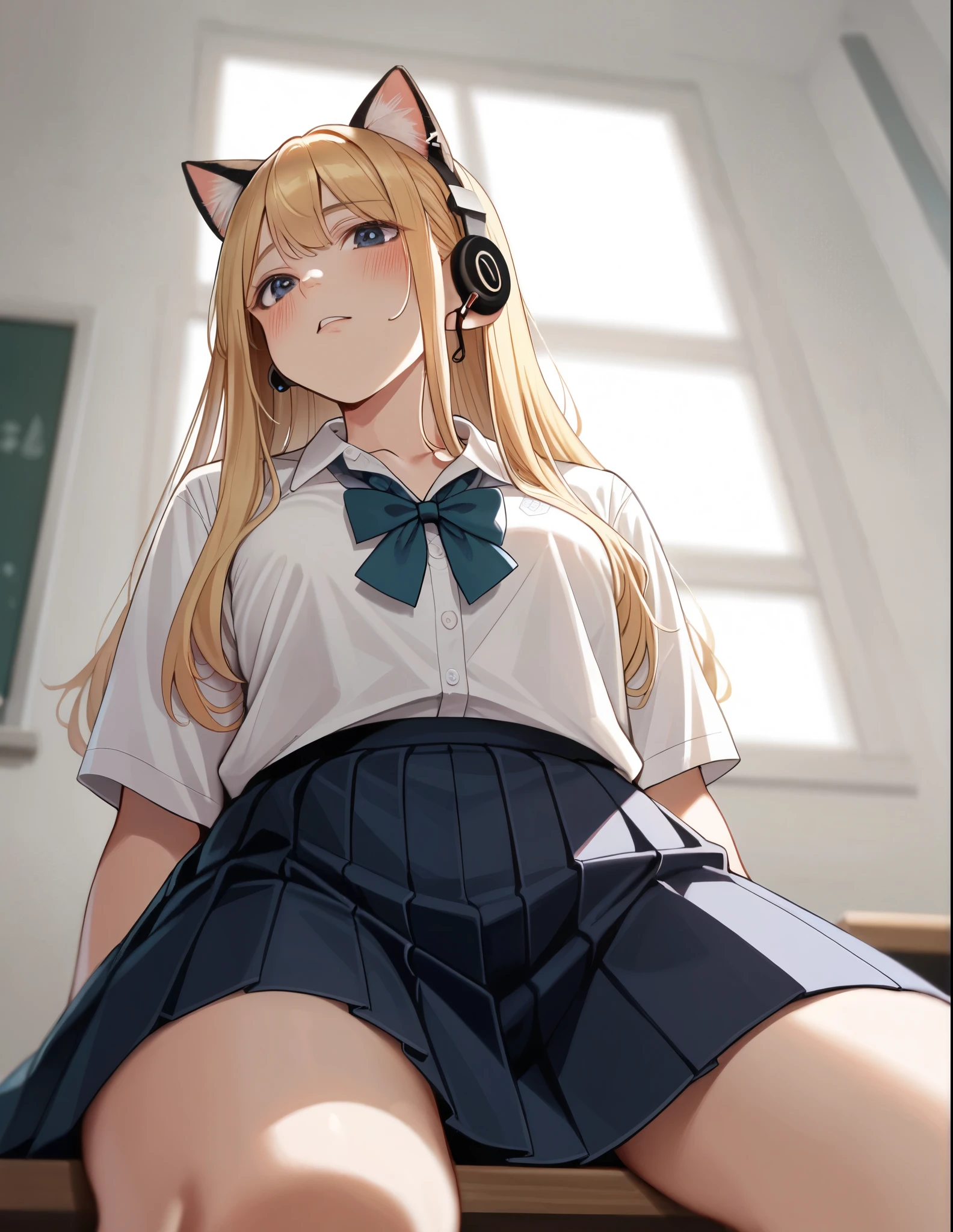 Sitting, High resolution, Long Hair, chest, Blushing, Blonde, Cat ear, Blurred, earphone, school uniform, (from below:1.3)ソロ, 