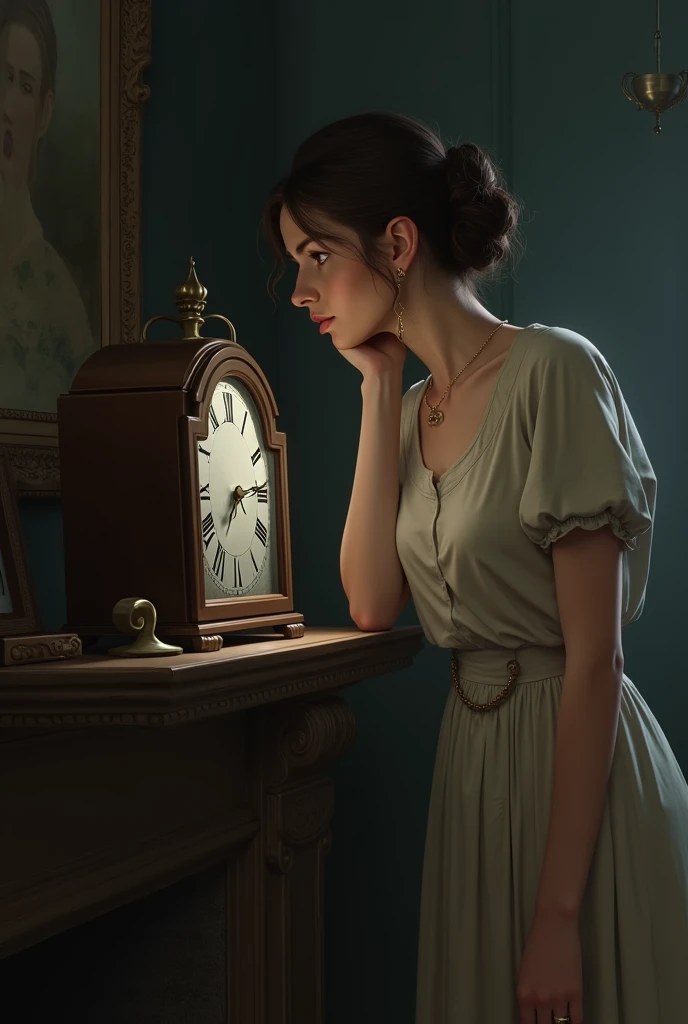 A woman glancing at a old clock at the mantle