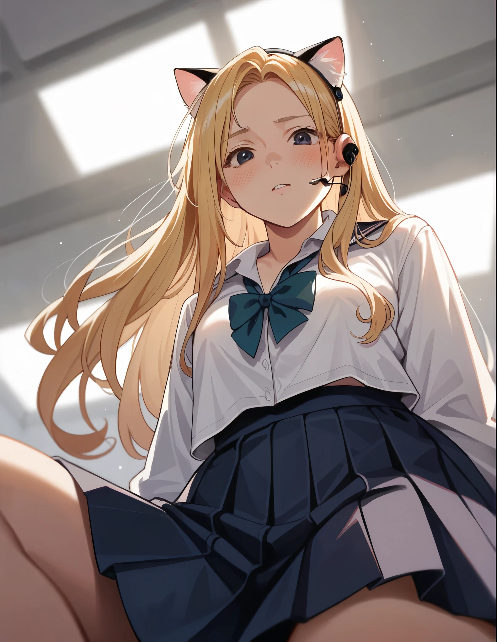 Sitting, High resolution, Long Hair, chest, Blushing, Blonde, Cat ear, Blurred, earphone, school uniform, (from below:1.3)ソロ, 