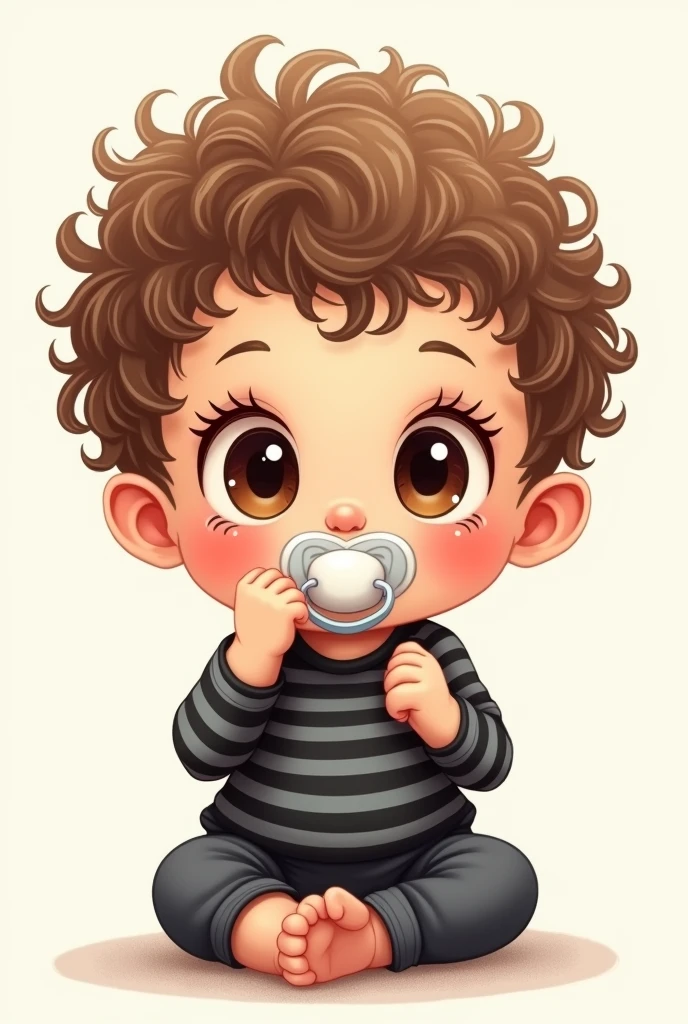 Create illustration of a with curly hair with lots of tight, light brown curls, dark brown open eyes, big eyelashes, little belly, cheeky, wearing a black and gray striped shirt and sucking on a pacifier.