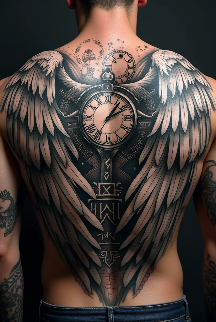 Open Wing tatoo with clocks and rune words for man