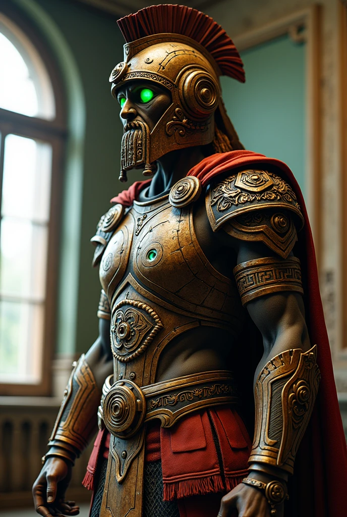 Gladiator with armor and Helmet Intricate details insanely artwork Wooden painted man, 3D effect ultra-detailed intricate insanely Heart, museum room,  green glass eyes, Carved in wood, painted with bright colors., indie film screencap, dramatic angle, , found footage, (steampunk), (cyberpunk aesthetic), (retrofuturism, atompunk), heroic proportions, window behind, 
