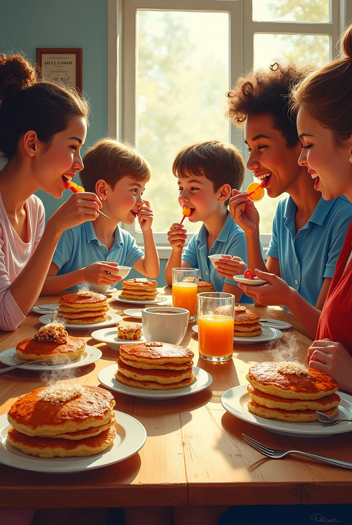 A 5-YEAR-OLD GIRL AND HER 2 11-YEAR-OLD SISTERS WITH HER 30-YEAR-OLD FATHER AND HER 30-YEAR-OLD MOTHER HAVING BREAKFAST
