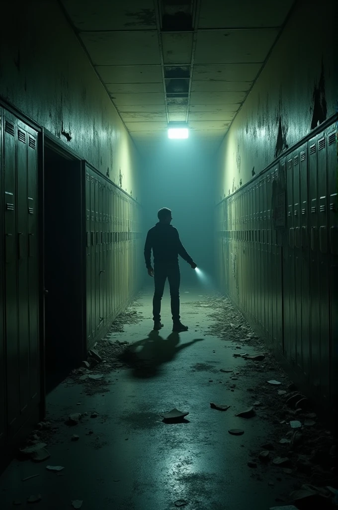 A picture in an old school in a long hallway where everything is old and abandoned and you look from the ego perspective and have a flashlight that shines towards the hallway