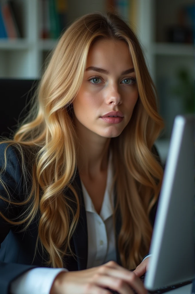 A beautiful girl with long golden hair, Delicate eyes, nose, and lips, Wearing professional attire, Sitting in her office, Using her computer, pk (best quality,4K,8K,high resolution,masterpiece:1.2),Extremely detailed,(Practical,photoPractical,photo-Practical:1.37),HDR,Studio Lighting,Extremely detailed face and body, portrait,Movie Lighting,Dramatic Lighting,Warm colors,Dramatic Colors