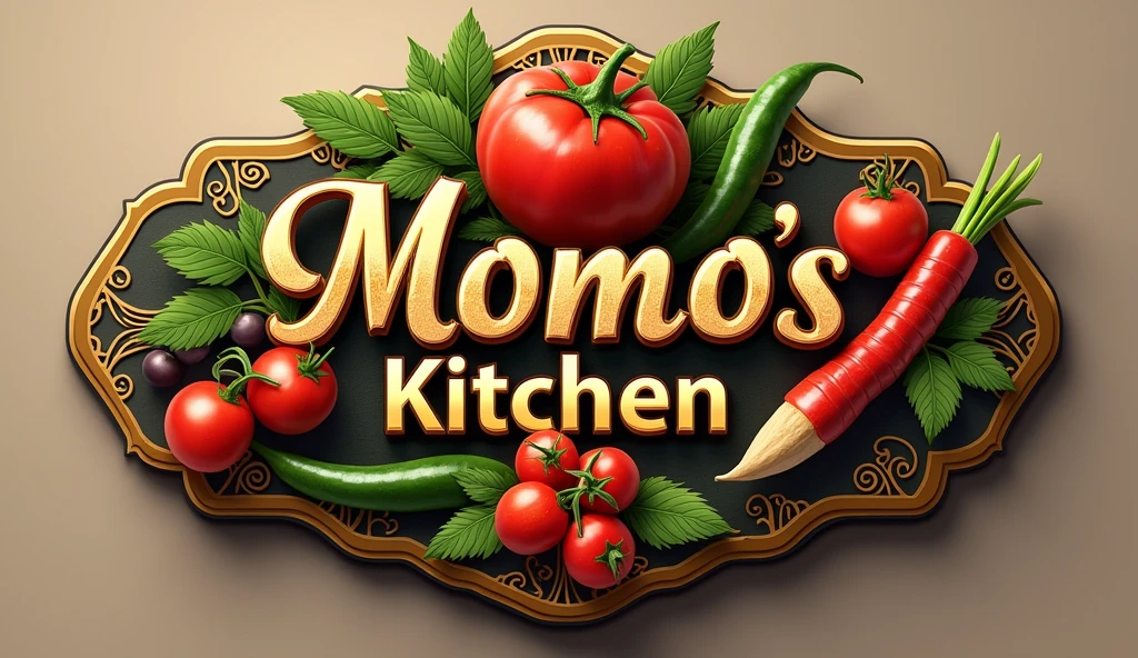 "Create a highly detailed, photorealistic female logo for 'Momo's Kitchen,' focusing on Pakistani-style cuisine. The logo should feature a warm color palette with an emphasis on appetizing ingredients, including vegetables. Incorporate steam or smoke effects, intricate patterns, and detailed Pakistani ornamental elements. The text should be styled in elegant calligraphy with natural textures. The overall composition should be dynamic, embodying a feminine touch suitable for a ladies-focused brand, with elements that resonate with the warmth and richness of Pakistani home cooking."