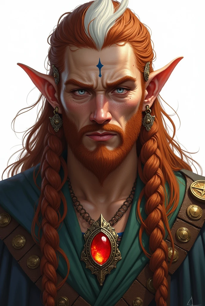 high elf, masculine, long braided hair with ornaments, copper color with a white streak, freckles on the face, ear ornaments, silver eyes, a birthmark on the neck, in the shape of a star and a necklace with a red stone. white background, estilo Dungeon and dragons 