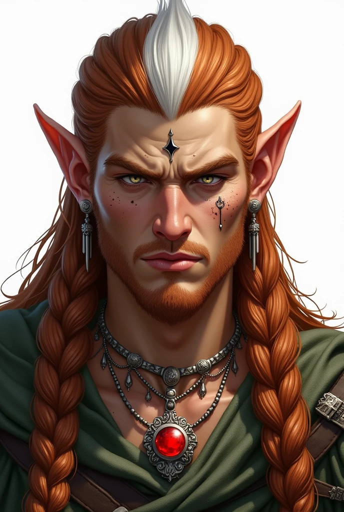 high elf, masculine, long braided hair with ornaments, copper color with a white streak, freckles on the face, ear ornaments, silver eyes, a birthmark on the neck, in the shape of a star and a necklace with a red stone. white background, estilo Dungeon and dragons