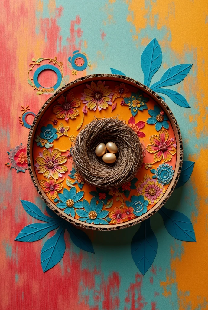 Hand crafted lippan art on round card board and nest combination in a colourful background 