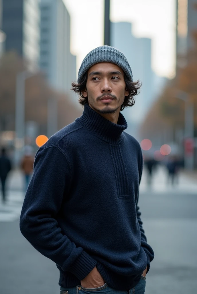 A 30-year-old man indonesia stands at the corner of the street, wearing a gray beanie that covers most of his slightly curly hair. A dark blue knit sweater comfortably wraps around his body, giving off a casual yet stylish vibe. His hands are tucked into his pockets, and his sharp eyes calmly observe the surroundings, as if he's waiting for someone or simply enjoying the chilly afternoon in the city.