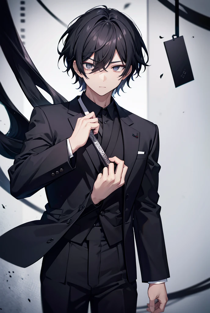 Black Suit, Japanese, male, Three white eyes, Hanging eyes, Expressionless, Black Hair, Allback hair, black eye, 