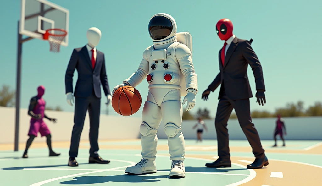1 space suit guy, Slenderman wearing black suit, and a guy wearing Deadpool suit, all playing basketball