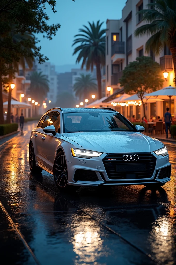 White Audi A6 Avant on the Canary coast at night cafes and restaurants in the background rainy weather wet roads