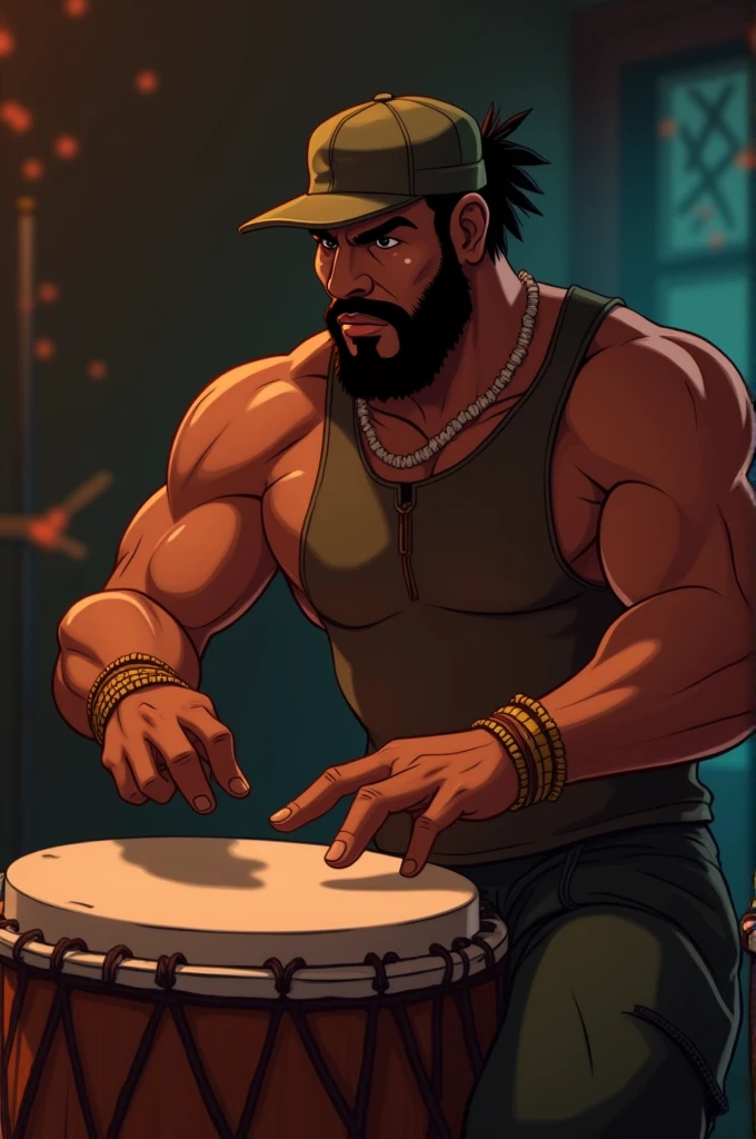Ogun the African orisha, Yoruba, strong chubby man, red and green, play stratocaster, wearing a detailed and intricate ade, god of war, deep look, cosmic god, astrophotography