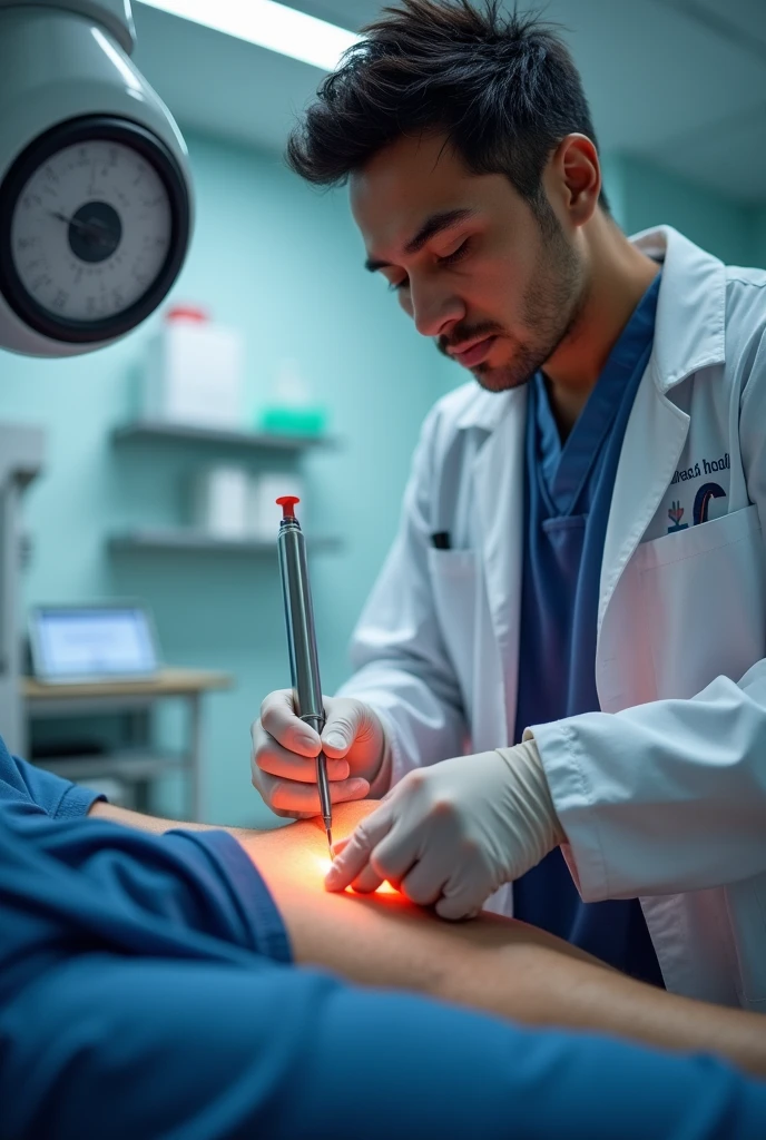 Sports medicine physician using a large-gauge needle for joint fluid aspiration