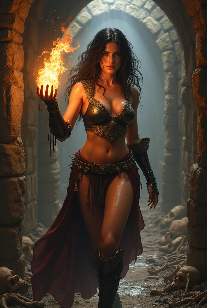 Style: "Prehistoric fantasy setting with a focus on authentic primitive clothing and accessories, reflecting the materials and craftsmanship of early human cultures." Forest hunter Arunna is a beautiful prehistoric woman of the European race. Face: Oval, with well-defined cheekbones, a straight nose and full lips. Big green eyes, dark brown hair with red highlights, long, wavy, loose. Light tanned skin. Body: Tall, athletic figure with muscular but graceful arms and legs. Medium-sized breasts, toned stomach, wide hips. Tattoos: A black tattoo of a primitive sun symbol on the left shoulder and three parallel lines on the right thigh. 
Clothing:
Material: Animal skin, rough and untreated, natural color, with traces of wear.
Loincloth: Long, dark brown leather, with rough edges and narrow side slits.
On the chest - decorative necklaces made of bones and teeth of wild animals, which leave the chest open.
Pose:
Arunna sits by the hearth inside the cave, with one leg bent and a hand resting on it. The other hand supports the head. Her body is slightly bent forward, in a calm, thoughtful pose.
Facial expression: Relaxed, pensive, with a slight hint of a smile, eyes covered, looking into the fire.
Background:
A cave with a small hearth in the center, the fire casts warm shadows on the walls. The howling of the wind can be heard from outside, but inside there is coziness and peace.
