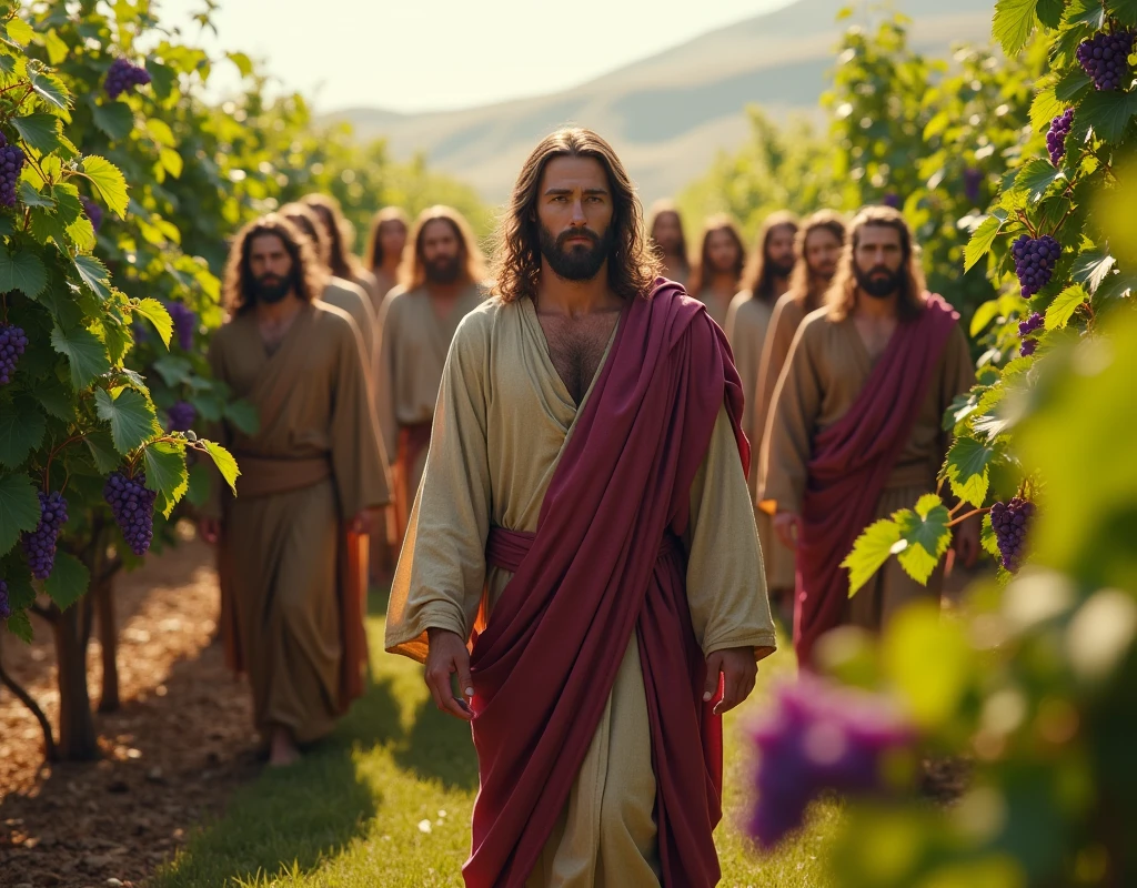 Jesus and the 11 people, walking, ripe grapes, purple grapes, intense color, vivid colors, detailed, realist, award-winning photo, masterpiece, ultra realist, 8k, clothing from the year 30 AD. ethnicity: Jews.