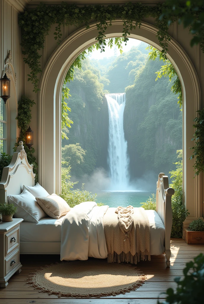 Cute shabby white bedroom in the forest。A fantastic and mysterious view of the white waterfall。bed。unmanned。