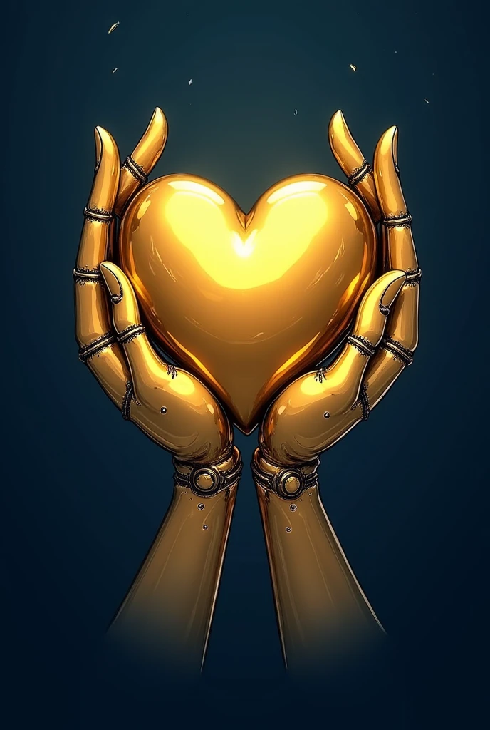 two unrealistic golden hands holding a golden heart with a navy blue background, the hands are not realistic, and they are preferably golden drawing hands, I don&#39;t want robot hands, I want human hands but in drawing, Fantastic...
just make it a little smaller









